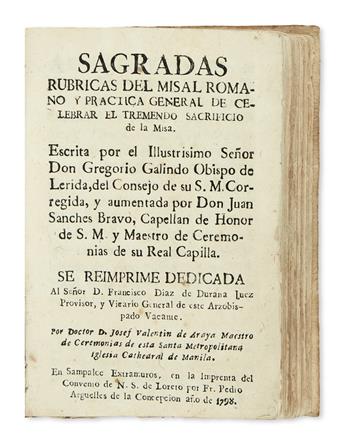 PHILIPPINES  CATHOLIC LITURGY.  Galindo, Gregorio, Bishop of Lérida. Sagradas Rúbricas del Misal Romano.  1798